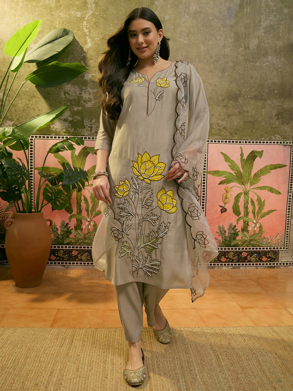 Floral Embroidered & Mirror Work Straight Kurta With Trouser & Dupatta Kurta Set