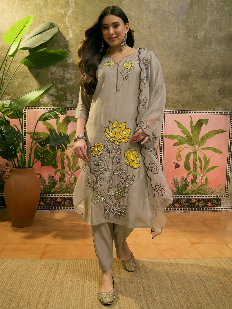 Floral Embroidered & Mirror Work Straight Kurta With Trouser & Dupatta Kurta Set