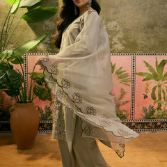Floral Embroidered & Mirror Work Straight Kurta With Trouser & Dupatta Kurta Set