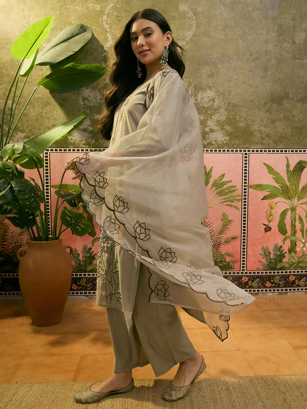 Floral Embroidered & Mirror Work Straight Kurta With Trouser & Dupatta Kurta Set