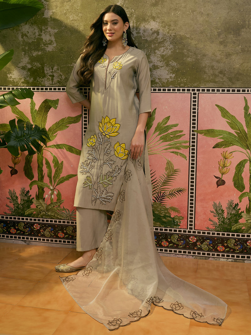 Floral Embroidered & Mirror Work Straight Kurta With Trouser & Dupatta Kurta Set