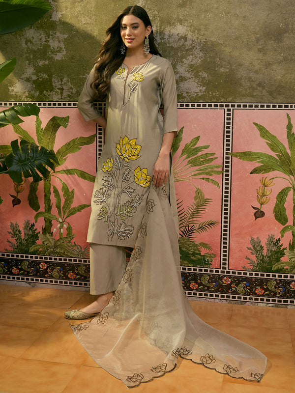 Floral Embroidered & Mirror Work Straight Kurta With Trouser & Dupatta Kurta Set