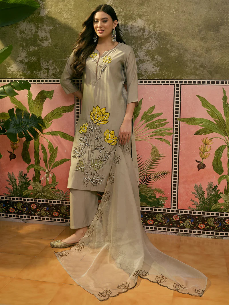 Floral Embroidered & Mirror Work Straight Kurta With Trouser & Dupatta Kurta Set