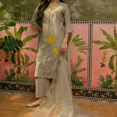 Floral Embroidered & Mirror Work Straight Kurta With Trouser & Dupatta Kurta Set