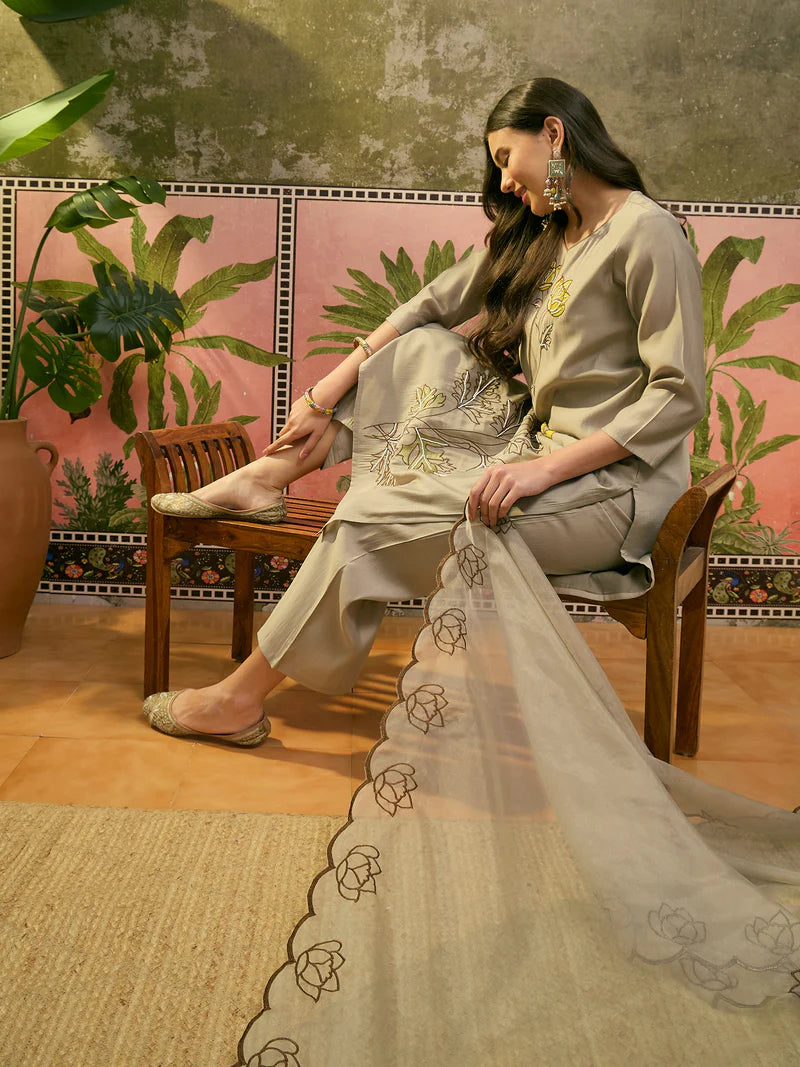 Floral Embroidered & Mirror Work Straight Kurta With Trouser & Dupatta Kurta Set