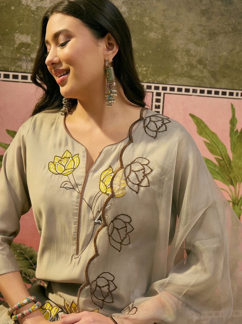 Floral Embroidered & Mirror Work Straight Kurta With Trouser & Dupatta Kurta Set