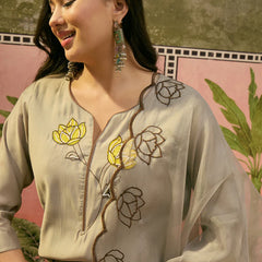 Floral Embroidered & Mirror Work Straight Kurta With Trouser & Dupatta Kurta Set