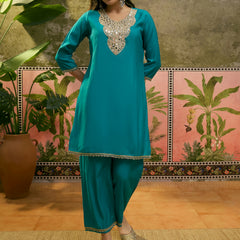 Firozi Floral Embroidered Straight Kurta & Trousers & Dupatta Kurta Set