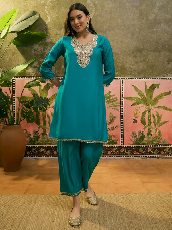 Firozi Floral Embroidered Straight Kurta & Trousers & Dupatta Kurta Set
