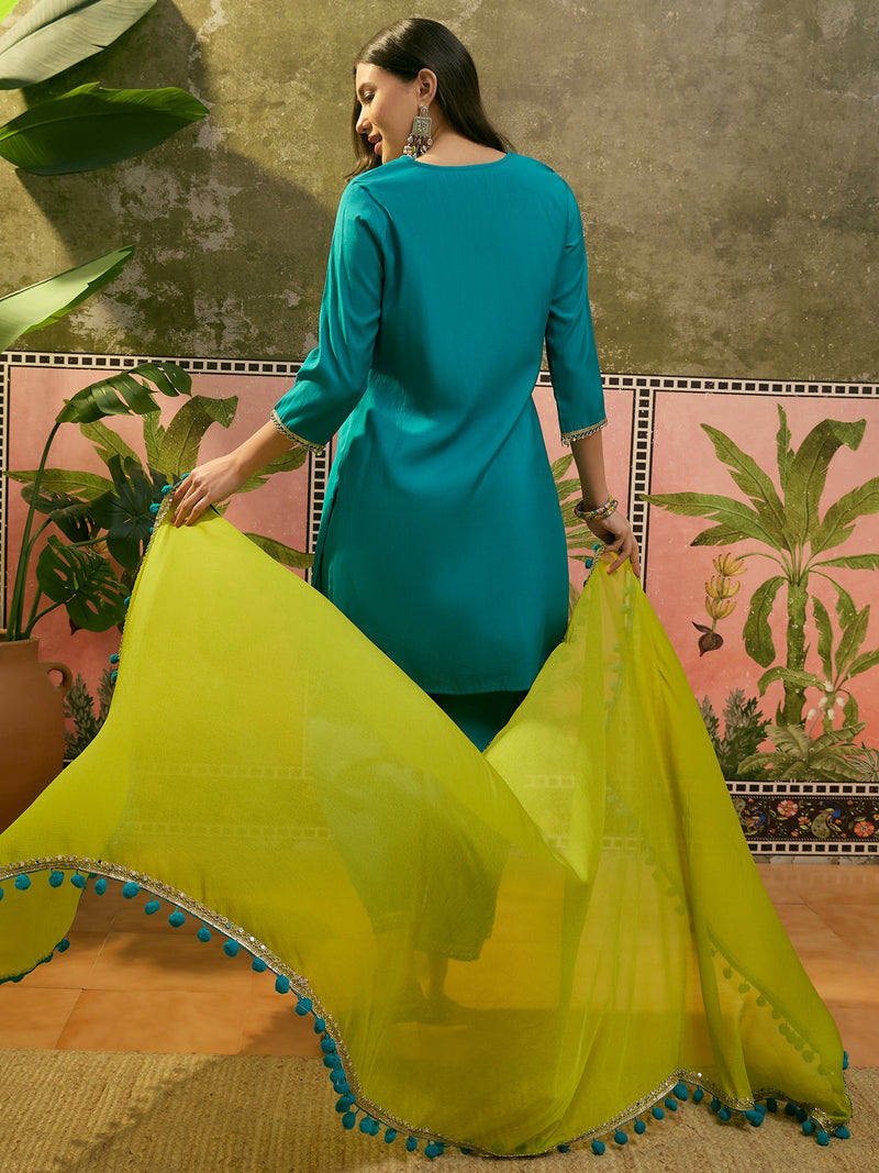 Firozi Floral Embroidered Straight Kurta & Trousers & Dupatta Kurta Set