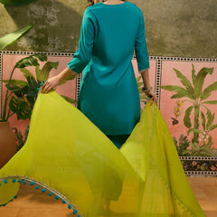 Firozi Floral Embroidered Straight Kurta & Trousers & Dupatta Kurta Set