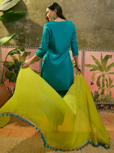 Firozi Floral Embroidered Straight Kurta & Trousers & Dupatta Kurta Set