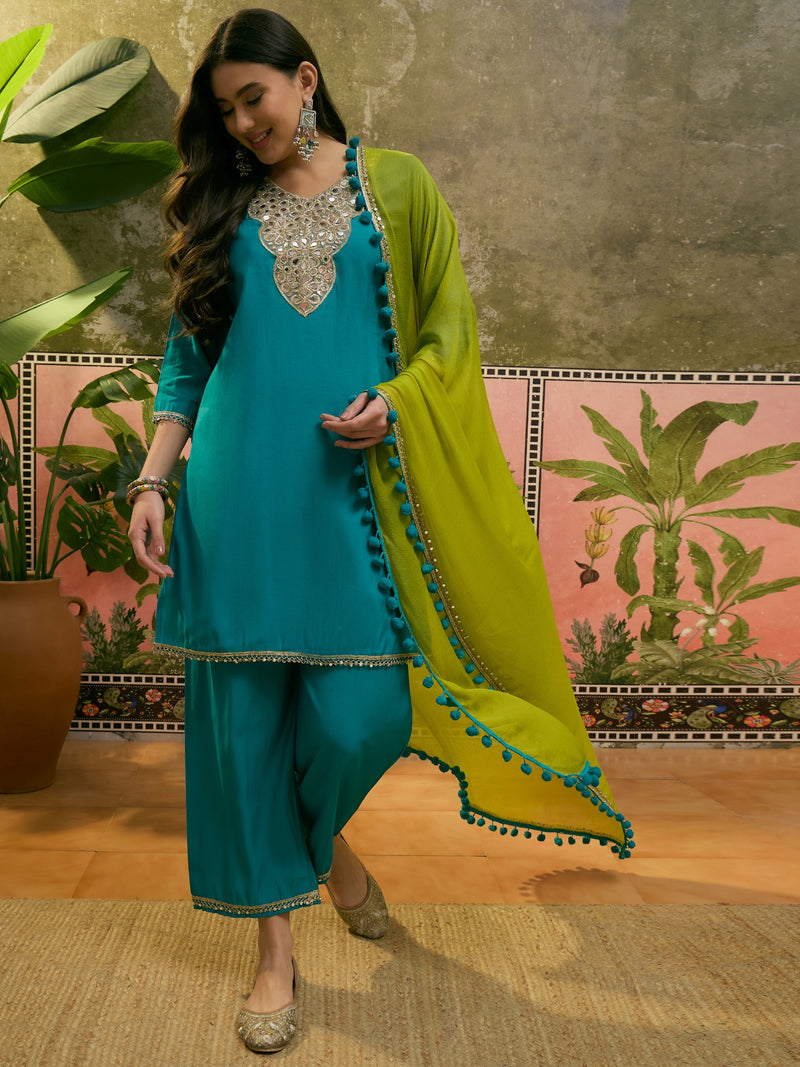 Firozi Floral Embroidered Straight Kurta & Trousers & Dupatta Kurta Set
