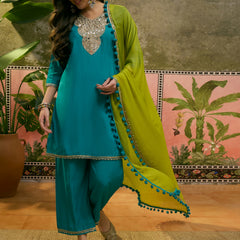 Firozi Floral Embroidered Straight Kurta & Trousers & Dupatta Kurta Set