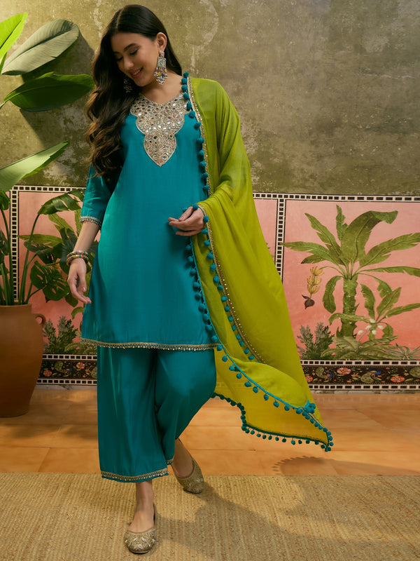 Firozi Floral Embroidered Straight Kurta & Trousers & Dupatta Kurta Set