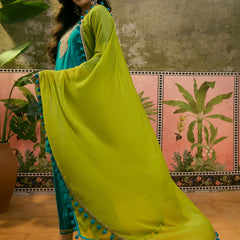 Firozi Floral Embroidered Straight Kurta & Trousers & Dupatta Kurta Set