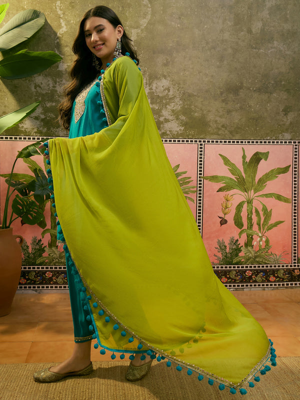 Firozi Floral Embroidered Straight Kurta & Trousers & Dupatta Kurta Set