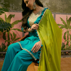 Firozi Floral Embroidered Straight Kurta & Trousers & Dupatta Kurta Set