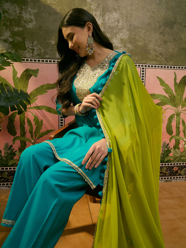 Firozi Floral Embroidered Straight Kurta & Trousers & Dupatta Kurta Set