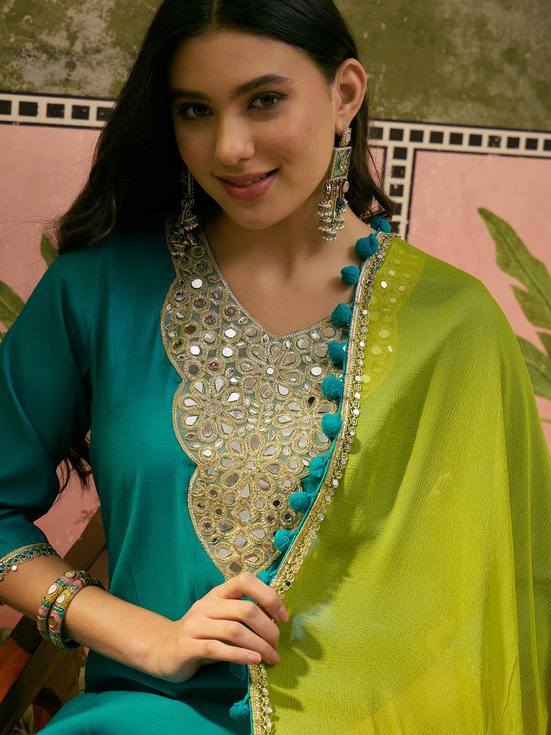 Firozi Floral Embroidered Straight Kurta & Trousers & Dupatta Kurta Set