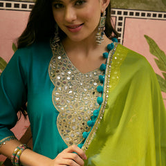 Firozi Floral Embroidered Straight Kurta & Trousers & Dupatta Kurta Set