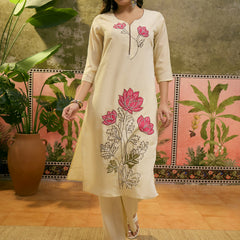 Floral Embroidered & Mirror Work Straight Kurta With Trouser & Dupatta Kurta Set