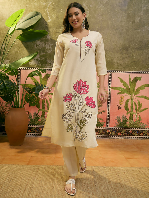 Floral Embroidered & Mirror Work Straight Kurta With Trouser & Dupatta Kurta Set