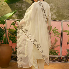 Floral Embroidered & Mirror Work Straight Kurta With Trouser & Dupatta Kurta Set