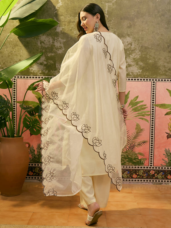 Floral Embroidered & Mirror Work Straight Kurta With Trouser & Dupatta Kurta Set