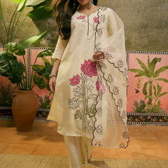 Floral Embroidered & Mirror Work Straight Kurta With Trouser & Dupatta Kurta Set