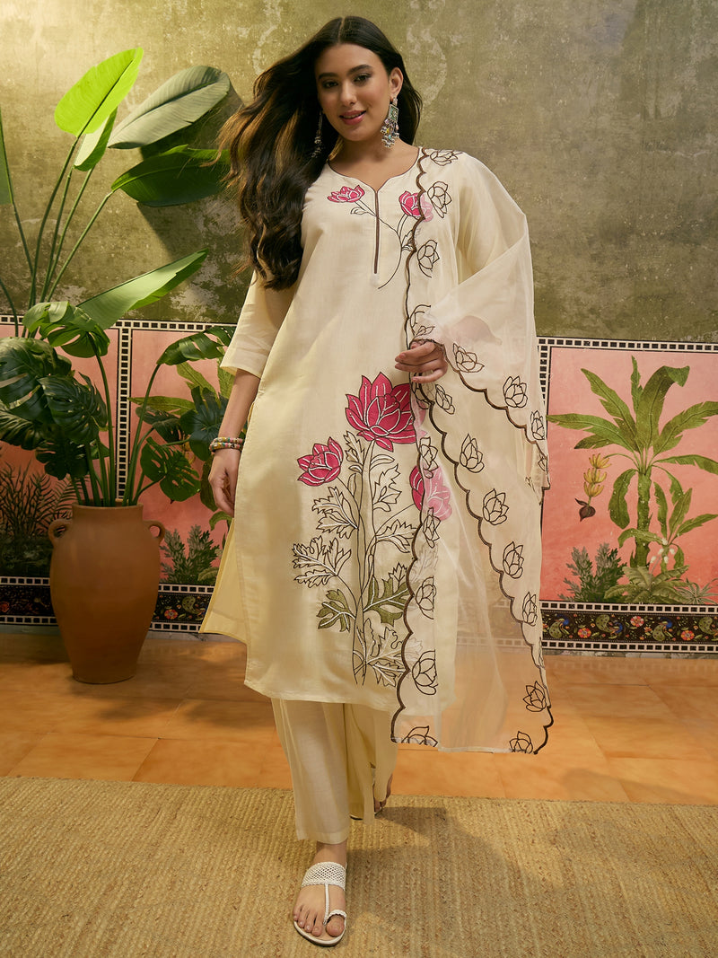 Floral Embroidered & Mirror Work Straight Kurta With Trouser & Dupatta Kurta Set
