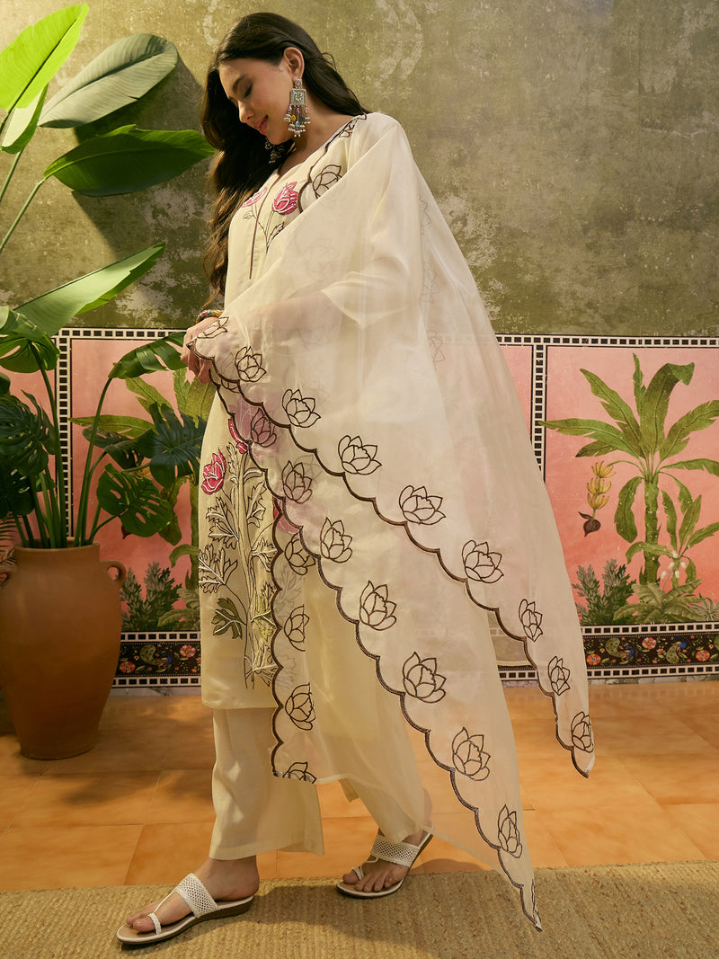Floral Embroidered & Mirror Work Straight Kurta With Trouser & Dupatta Kurta Set
