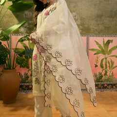 Floral Embroidered & Mirror Work Straight Kurta With Trouser & Dupatta Kurta Set