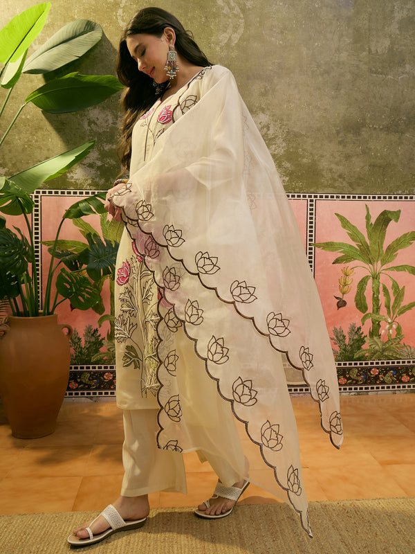 Floral Embroidered & Mirror Work Straight Kurta With Trouser & Dupatta Kurta Set