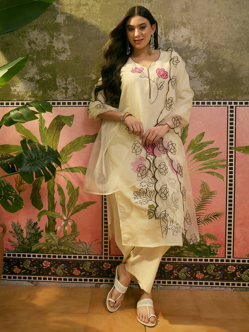Floral Embroidered & Mirror Work Straight Kurta With Trouser & Dupatta Kurta Set