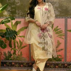 Floral Embroidered & Mirror Work Straight Kurta With Trouser & Dupatta Kurta Set