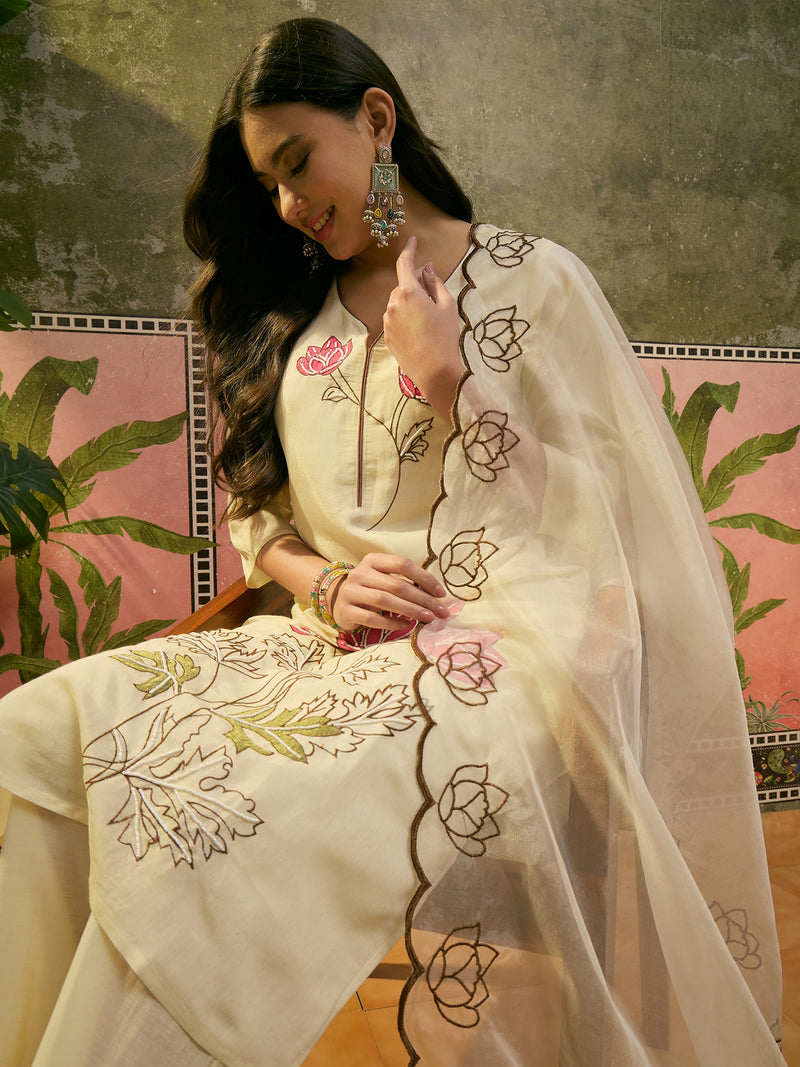 Floral Embroidered & Mirror Work Straight Kurta With Trouser & Dupatta Kurta Set
