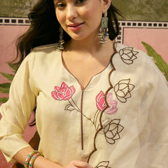 Floral Embroidered & Mirror Work Straight Kurta With Trouser & Dupatta Kurta Set