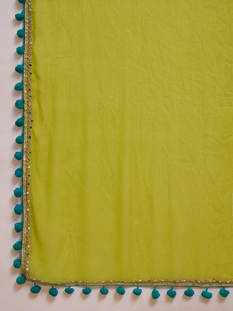 Firozi Floral Embroidered Straight Kurta & Trousers & Dupatta Kurta Set