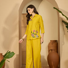Pure Cotton Floral Embroidered Tunic With Trousers Co-Ords Set
