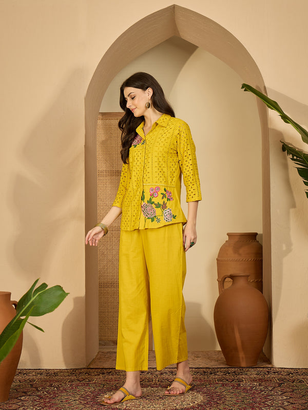 Pure Cotton Floral Embroidered Tunic With Trousers Co-Ords Set