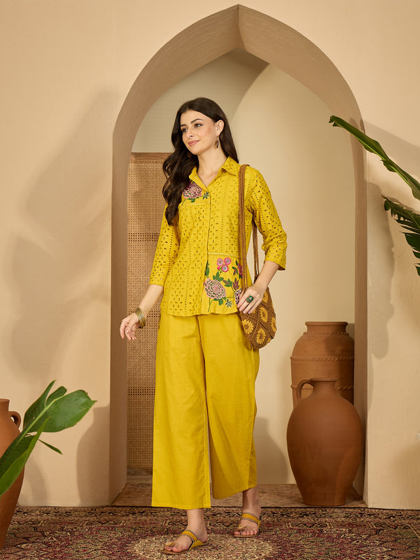 Pure Cotton Floral Embroidered Tunic With Trousers Co-Ords Set