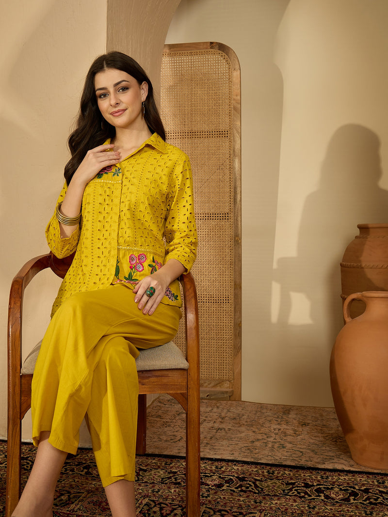 Pure Cotton Floral Embroidered Tunic With Trousers Co-Ords Set