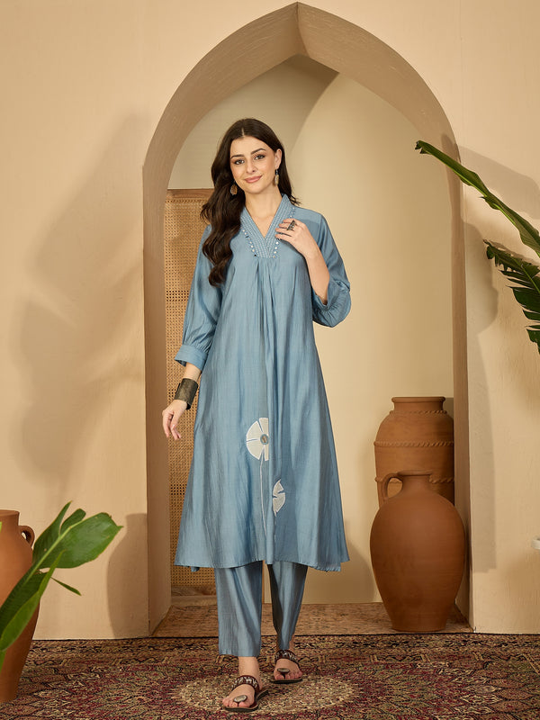 Floral Embroidered Straight Kurta With Palazzo Kurta Set