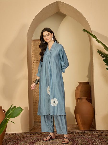Floral Embroidered Straight Kurta With Palazzo Kurta Set