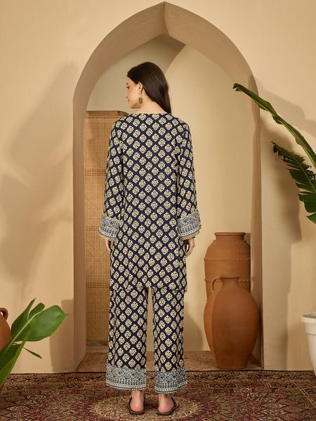 Navy Blue Printed & Embroidered Straight Kurta  With Trousers Kurta Set Set