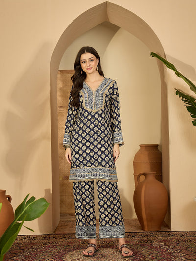 Navy Blue Printed & Embroidered Straight Kurta  With Trousers Kurta Set Set