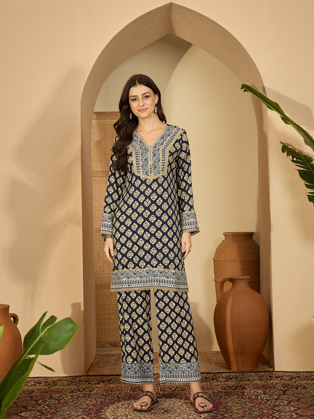 Navy Blue Printed & Embroidered Straight Kurta  With Trousers Kurta Set Set