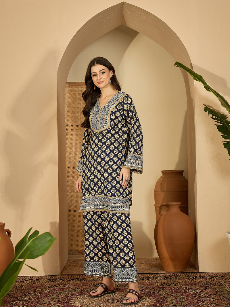 Printed & Embroidered Straight Kurta  With Trousers Kurta Set Set