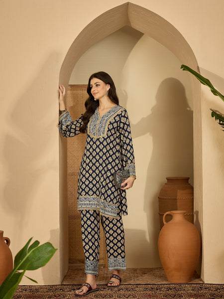 Navy Blue Printed & Embroidered Straight Kurta  With Trousers Kurta Set Set